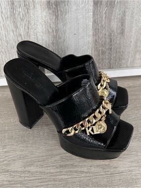 Karl Lagerfeld Haisley Patent Leather Platform Mule Women 6 Gold Charm Bedazzled